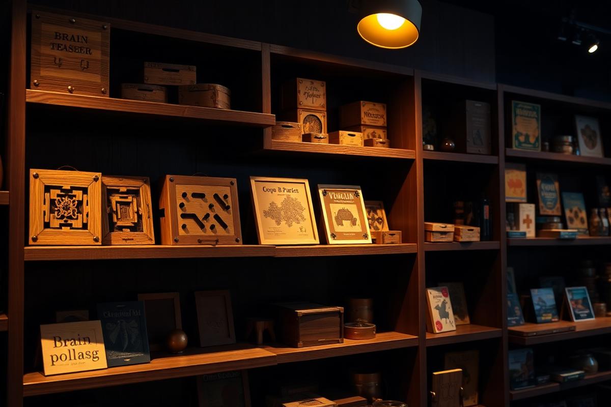 Shelves of wooden puzzle boxes and brain teasers at Mind Lock