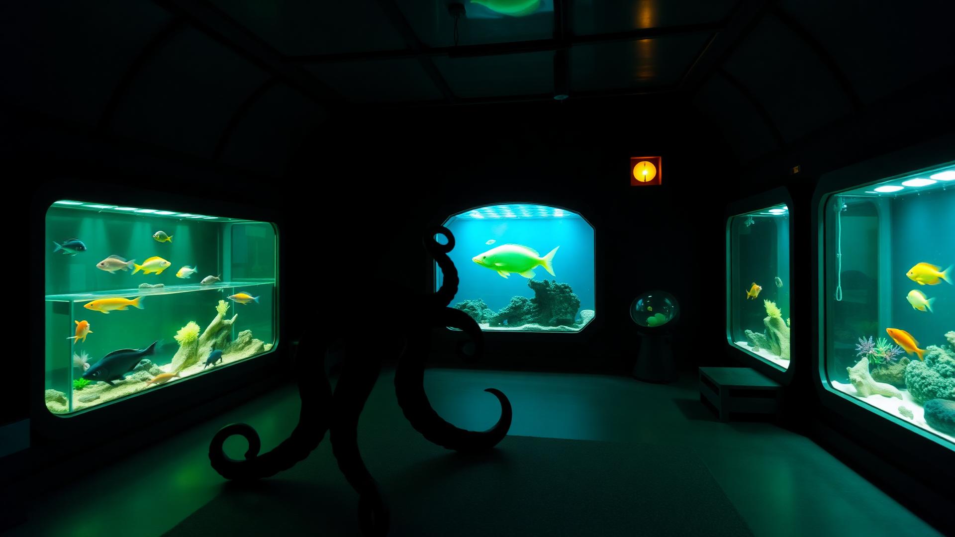 Olly's Day Out escape room at Mind Lock — a bright aquarium set where Olly the octopus has escaped his tank and is stealing the fish.